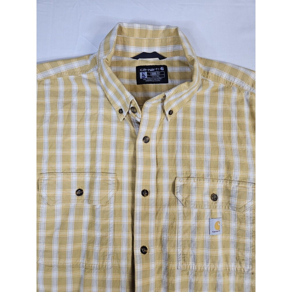CARHARTT Shirt Men's XL Yellow Plaid Loose Fit Midweight Chambray Button 104625